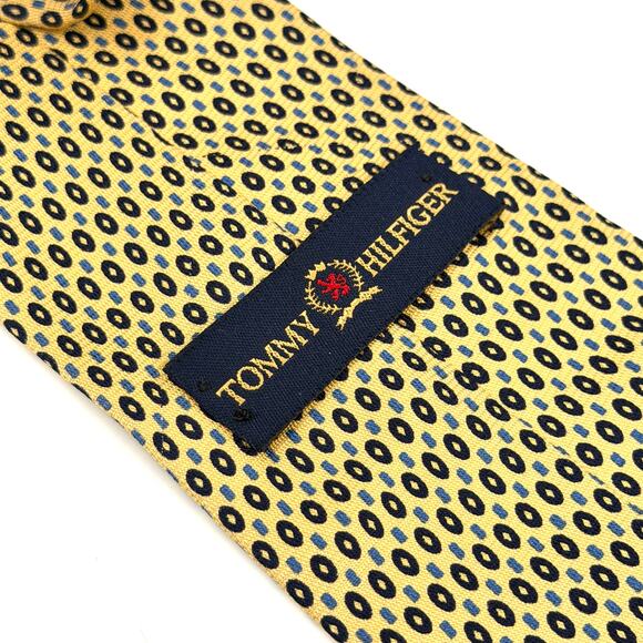 90s Vintage Tommy Hilfiger Yellow Navy Striped Geometric  Vintage 90s Tommy Hilfiger Yellow and Blue Geometric 100% Silk Tie